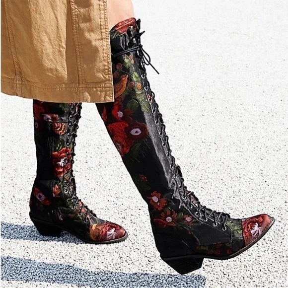 Jeffrey Campbell X Free People Floral Fabric Joe Boots Lace Up Knee High - Picture 5 of 5